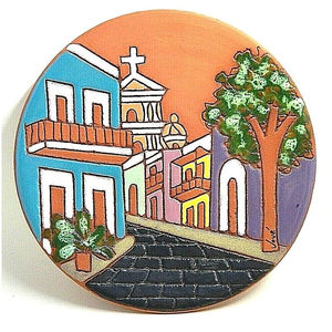 Redware Art Pottery Village Scene Church Plate Signed
